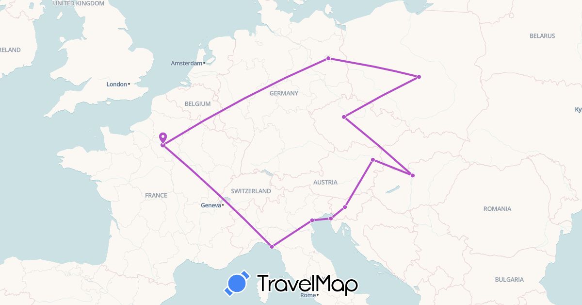 TravelMap itinerary: driving, train in Austria, Czech Republic, Germany, France, Hungary, Italy, Poland, Slovenia (Europe)